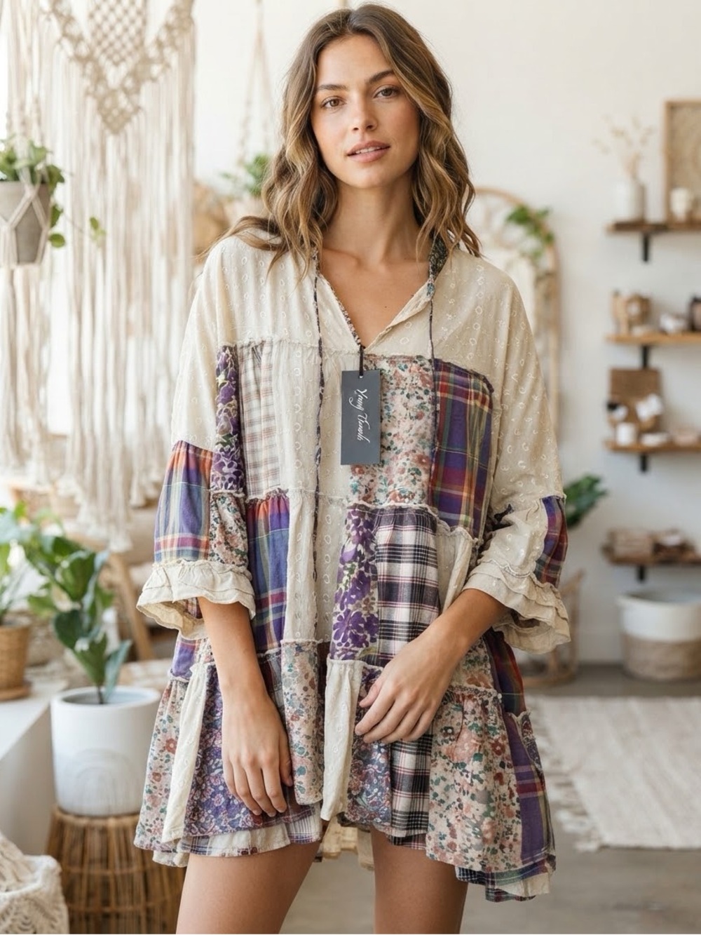 NWT Young Threads Plaid Floral Patchwork Blouse XL